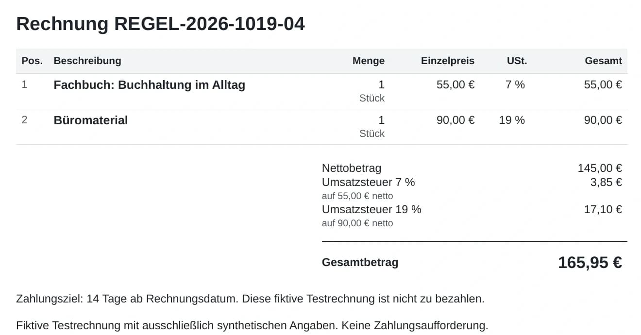 Originalausschnitt der Folgerechnung: Fachbuch mit 7 Prozent und Büromaterial mit 19 Prozent Umsatzsteuer, zusammen 165,95 Euro.