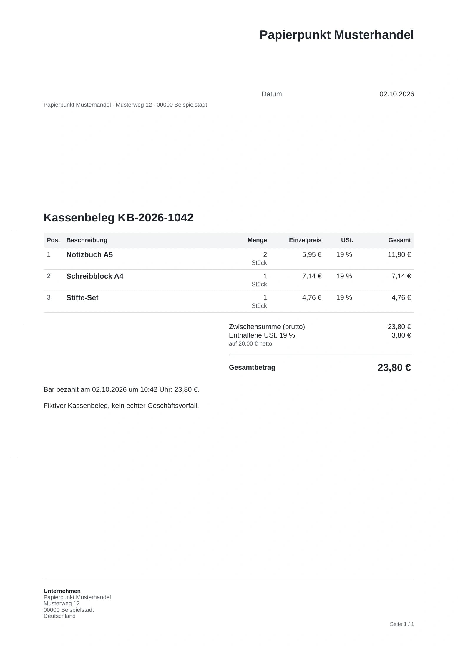 Fiktiver Kassenbeleg von Papierpunkt Musterhandel: KB-2026-1042 vom 02.10.2026, 20 Euro netto und 3,80 Euro Umsatzsteuer, bar bezahlt.