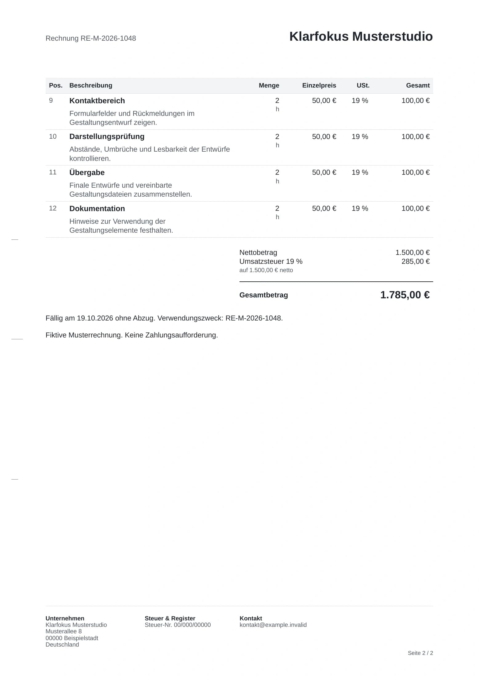Seite 2 derselben fiktiven Rechnung: Nettosumme 1.500 Euro, Umsatzsteuer 285 Euro, Gesamtbetrag 1.785 Euro.