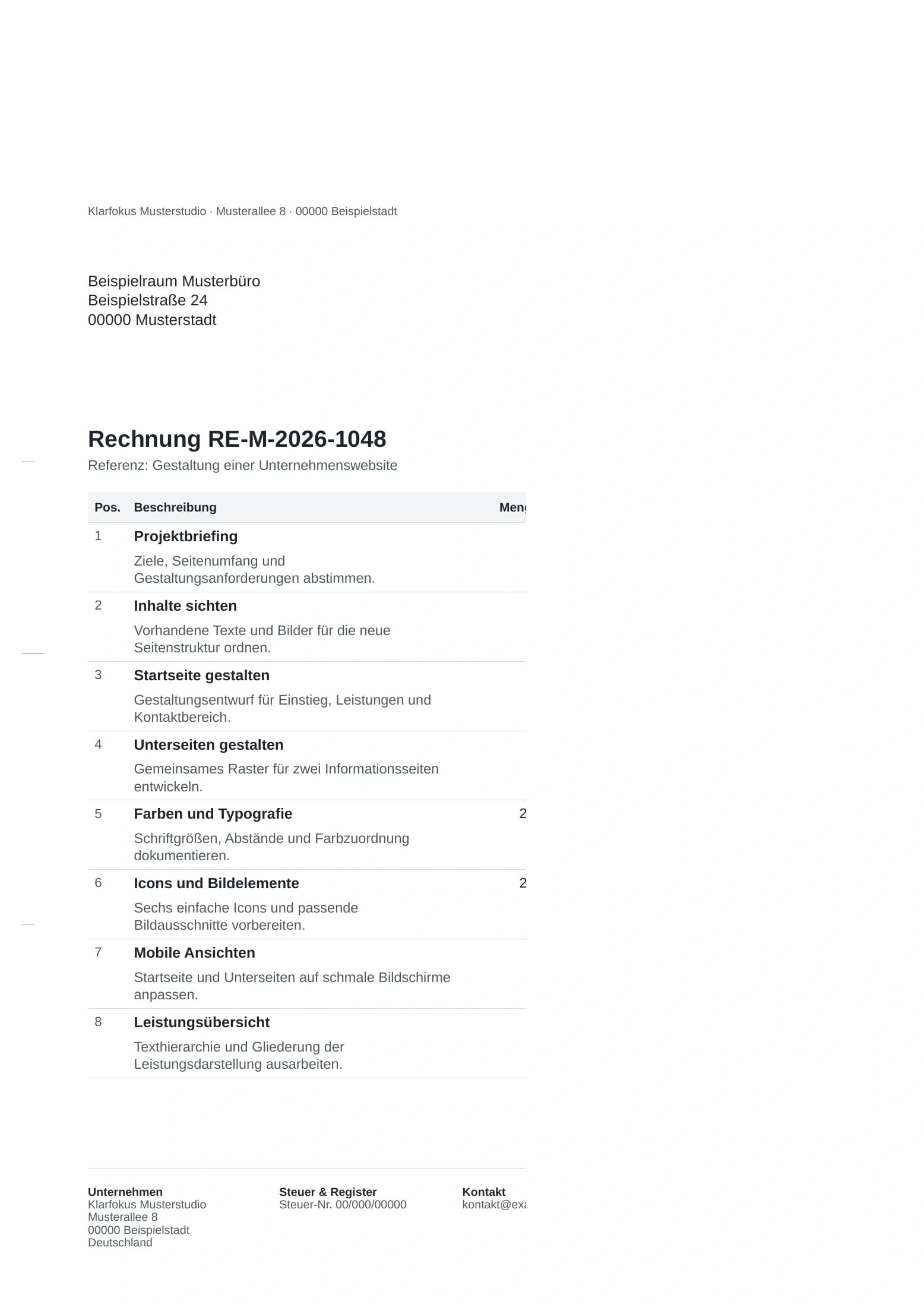 Absichtlich unzureichende Scanprobe einer fiktiven Rechnung. Der Bereich mit dem Gesamtbetrag fehlt. PDF in neuem Tab öffnen.