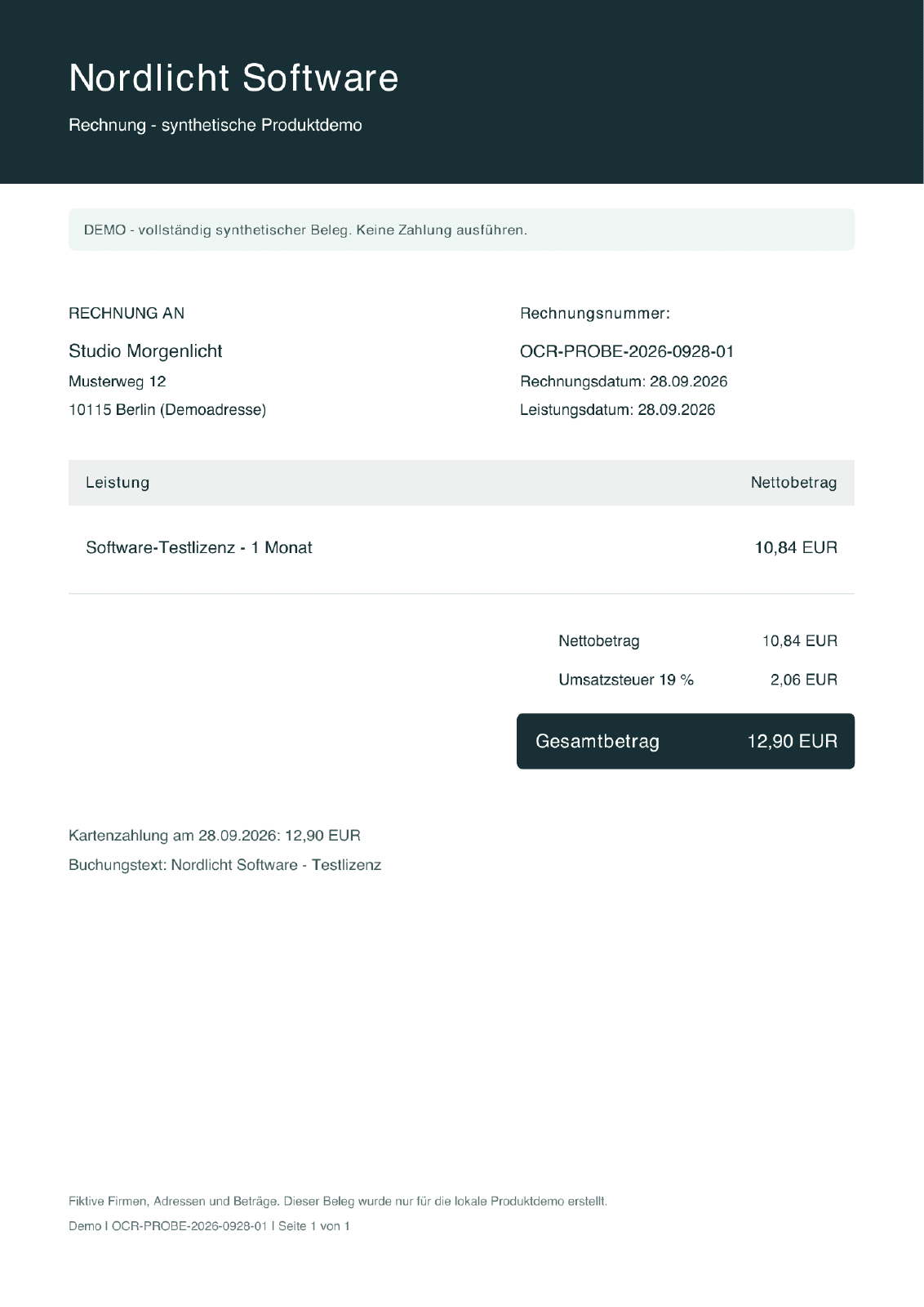 Original des fiktiven Scanbelegs von Nordlicht Software: Software-Testlizenz für einen Monat, 10,84 Euro netto plus 2,06 Euro Umsatzsteuer, insgesamt 12,90 Euro. PDF in einem neuen Tab öffnen.