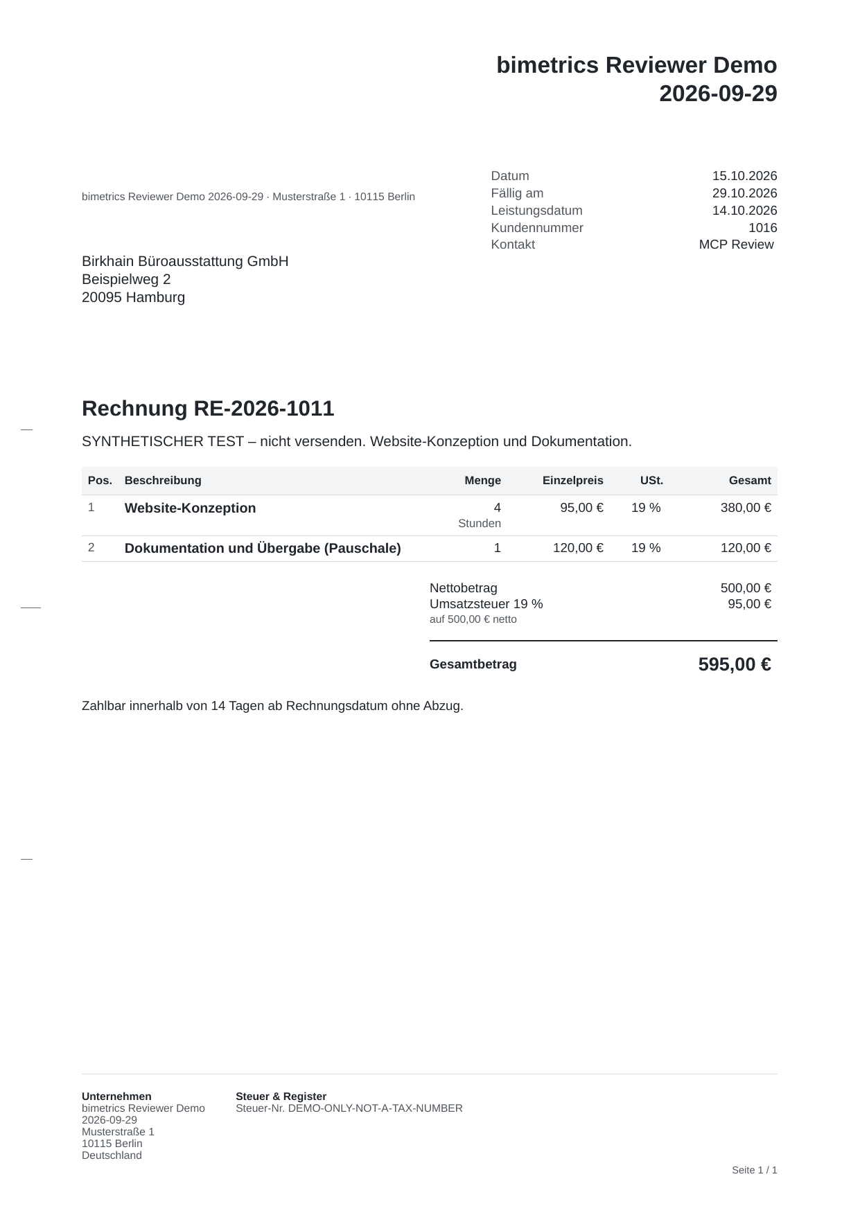 Die mit Claude erstellte Rechnung RE-2026-1011 über 595 Euro