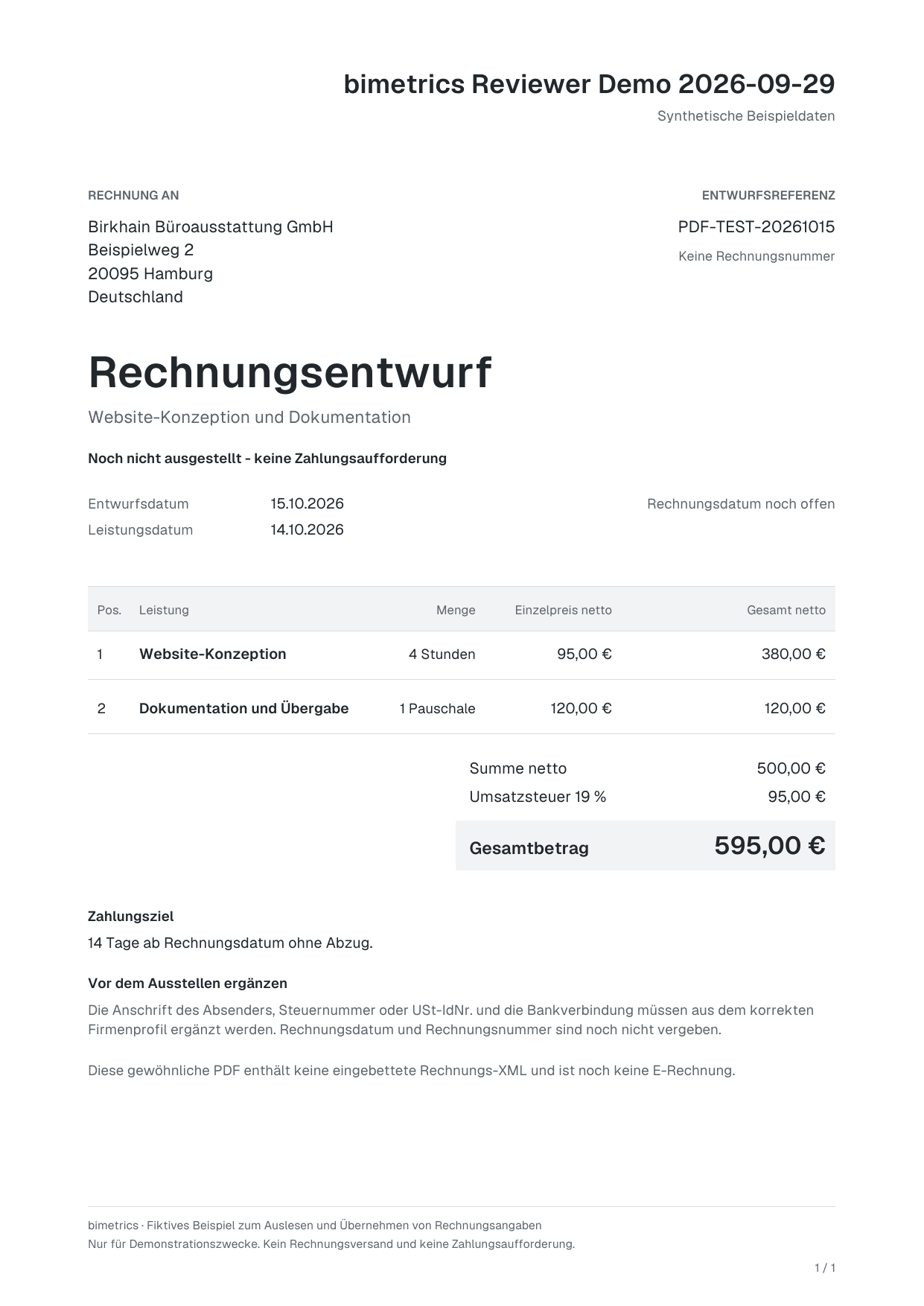 Fiktiver PDF-Rechnungsentwurf mit Website-Konzeption, Dokumentation und 595 Euro Gesamtbetrag