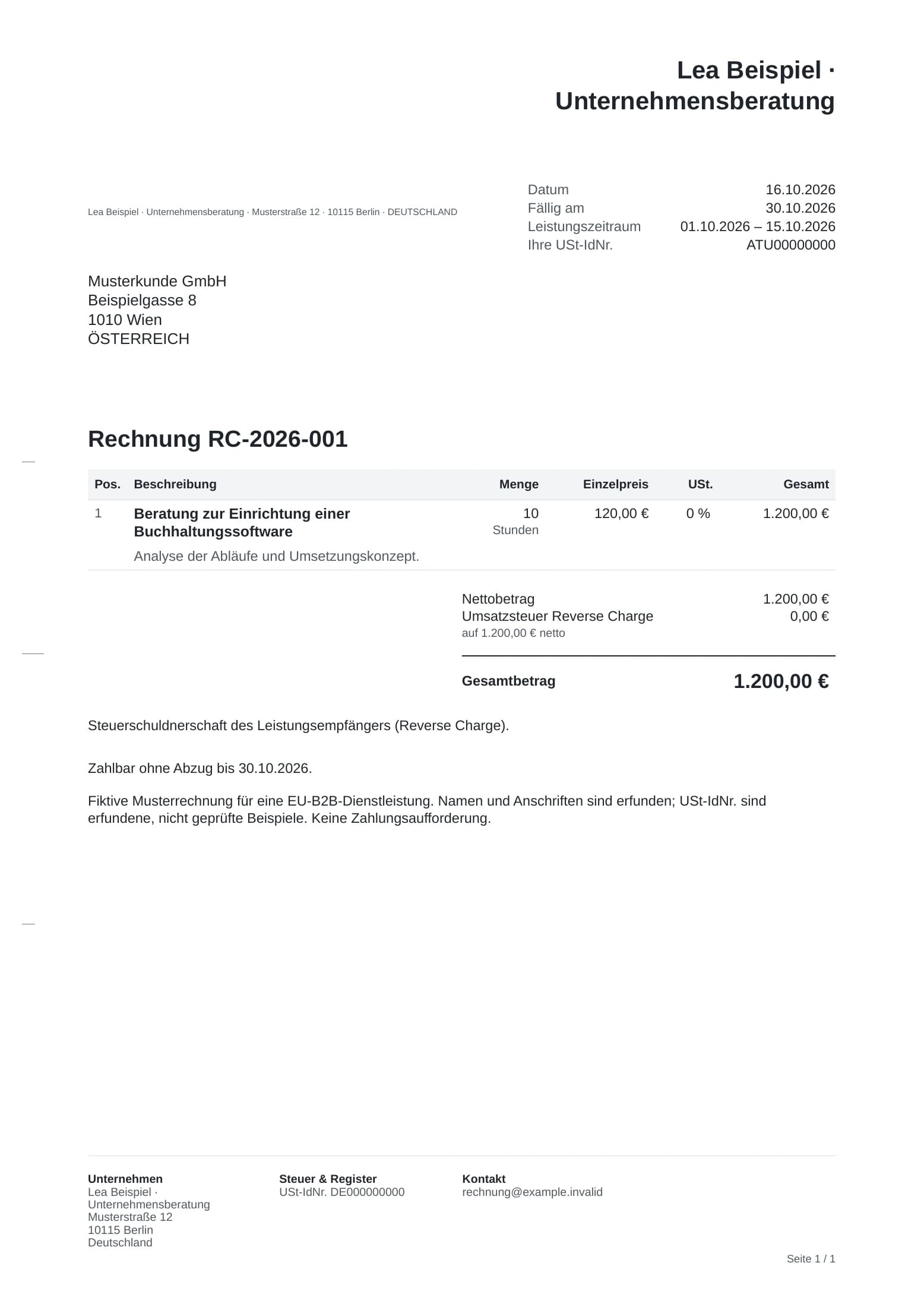 Fiktive Reverse-Charge-Rechnung von Lea Beispiel an Musterkunde GmbH in Wien: zehn Beratungsstunden zu 120 Euro, 1.200 Euro Gesamtbetrag ohne deutsche Umsatzsteuer. Die besonderen Angaben sind nummeriert.