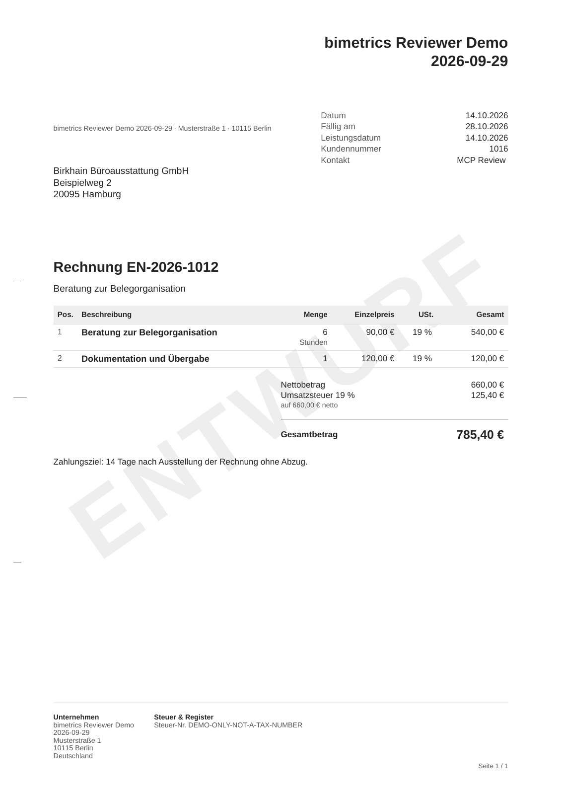 Tatsächlich gespeicherter bimetrics-Rechnungsentwurf aus dem Claude-Test mit Birkhain Büroausstattung als Kunde und 785,40 Euro Gesamtbetrag