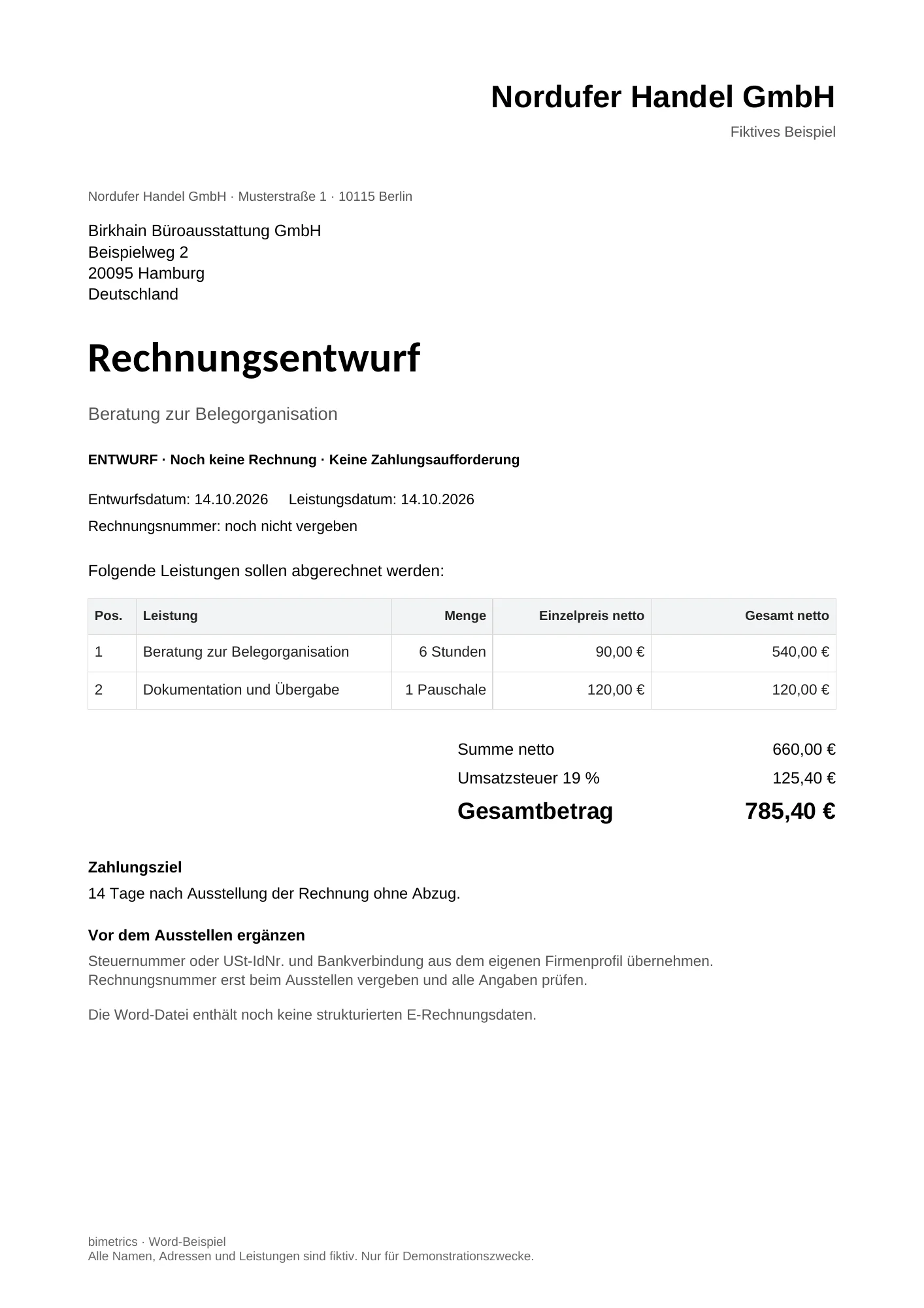 Fiktiver Word-Rechnungsentwurf: 6 Stunden Beratung zur Belegorganisation und Dokumentation mit Übergabe, insgesamt 785,40 Euro