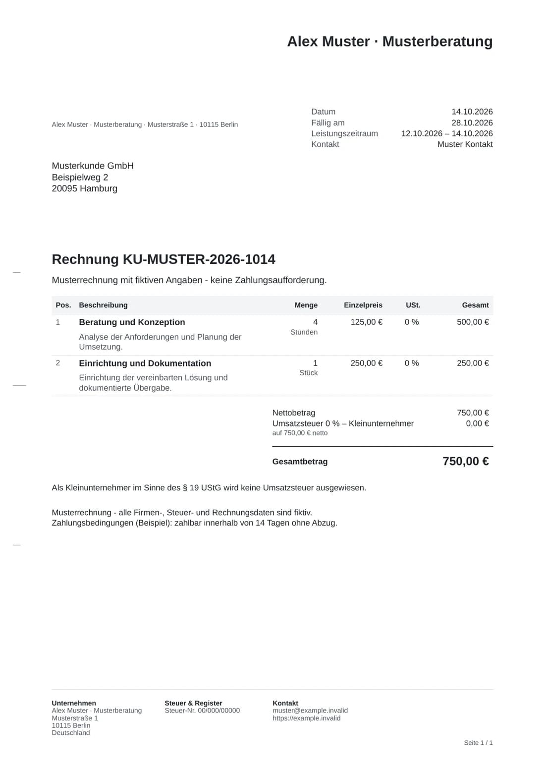 Kleinunternehmer-Musterrechnung von Alex Muster über 750 Euro, mit Hinweis auf die Steuerbefreiung nach § 19 UStG
