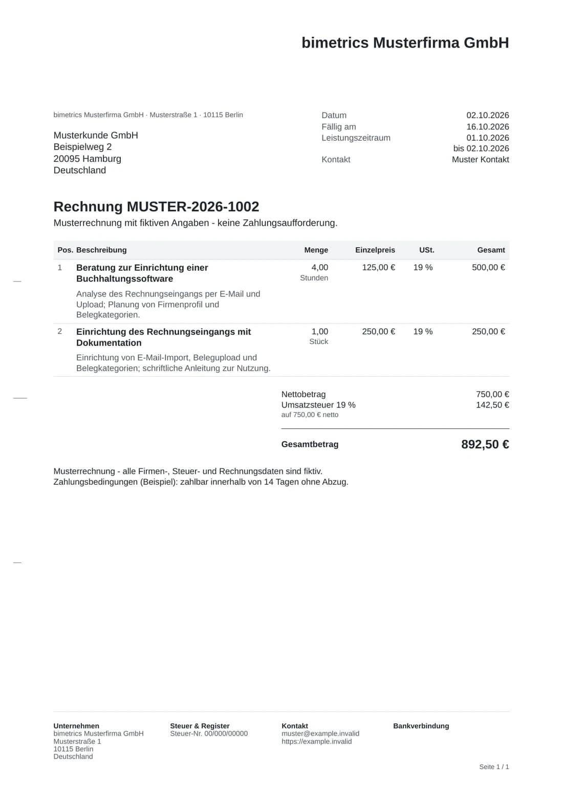 Ausschnitt der Musterrechnung MUSTER-2026-1002: Beratung zur Einrichtung einer Buchhaltungssoftware 500 Euro, Einrichtung des Rechnungseingangs mit Dokumentation 250 Euro, 142,50 Euro Umsatzsteuer, Gesamtbetrag 892,50 Euro.