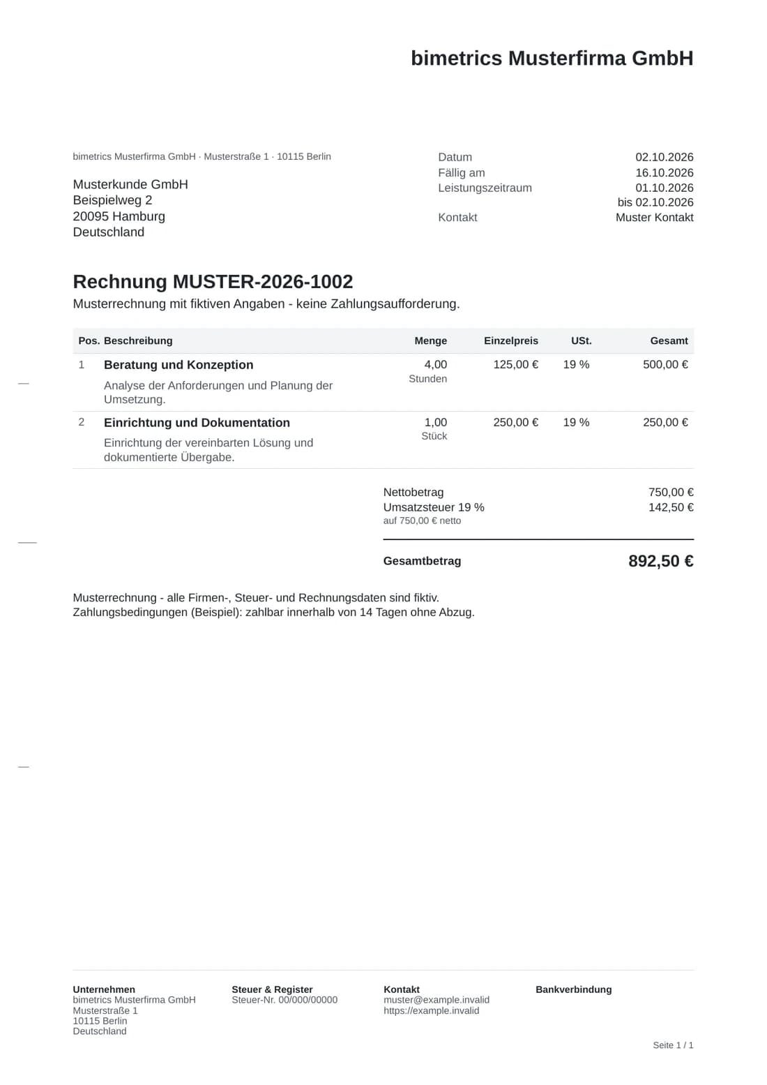 Fiktive ZUGFeRD-Rechnung MUSTER-2026-1002 von bimetrics Musterfirma GmbH an Musterkunde GmbH über 892,50 Euro.