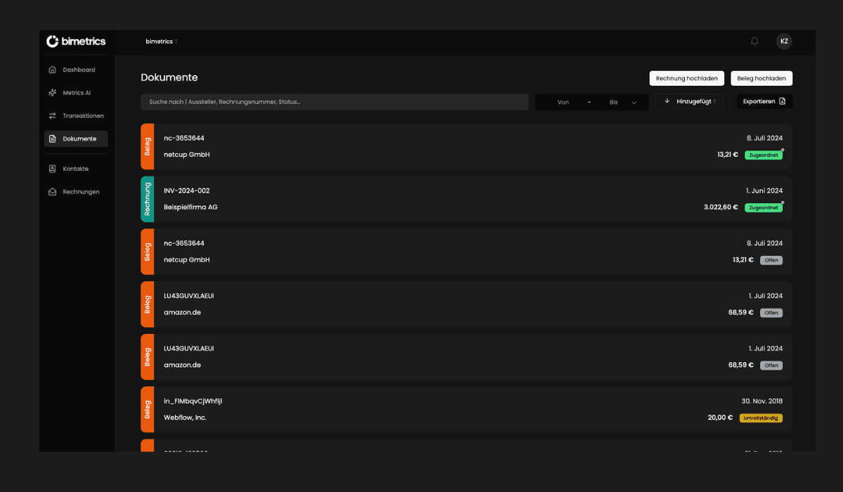bimetrics Dokumente und Buchhaltung