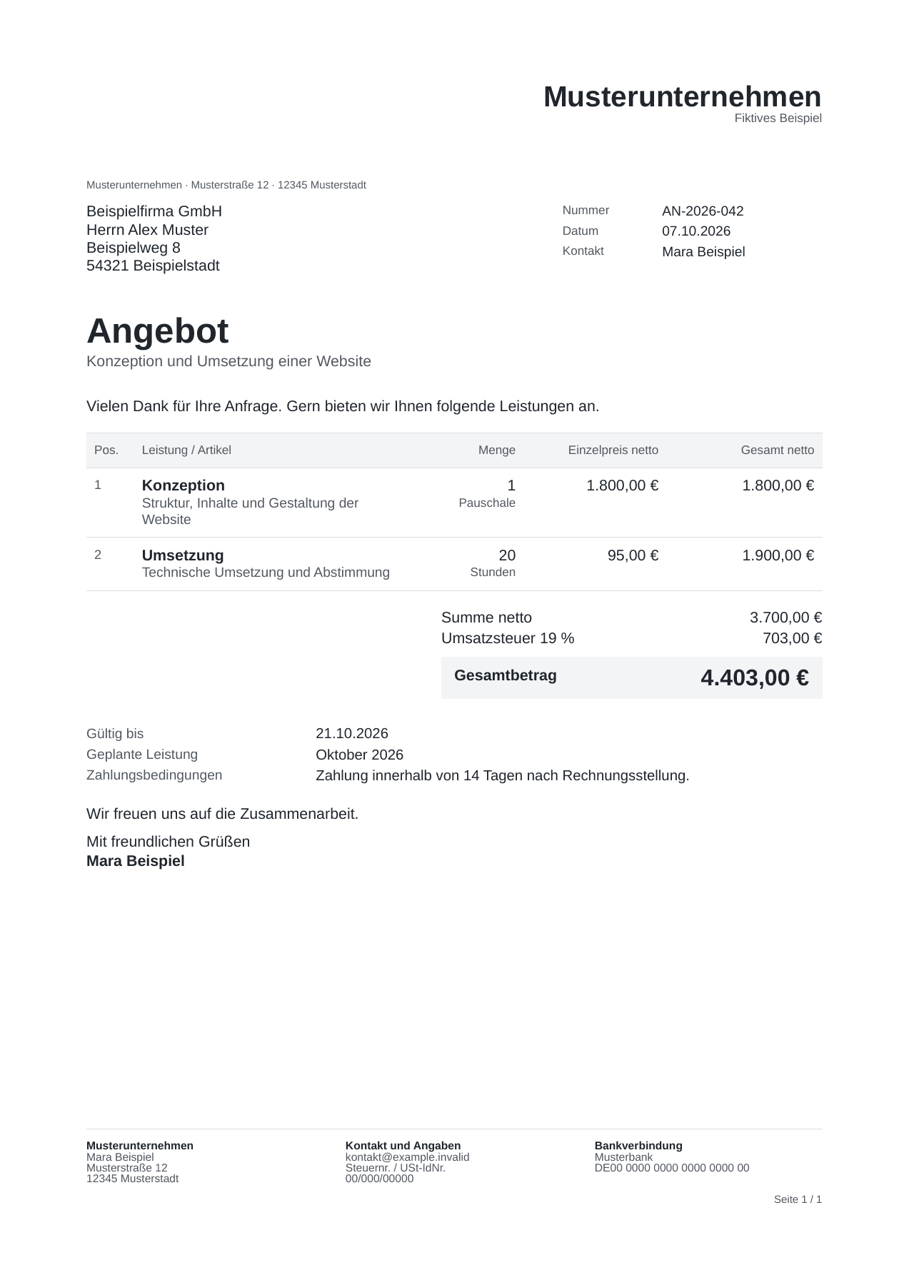 Ausgefülltes Angebotsmuster für ein Website-Projekt: Konzeption und Umsetzung als separate Positionen, insgesamt 3.700 Euro netto und 4.403 Euro brutto.
