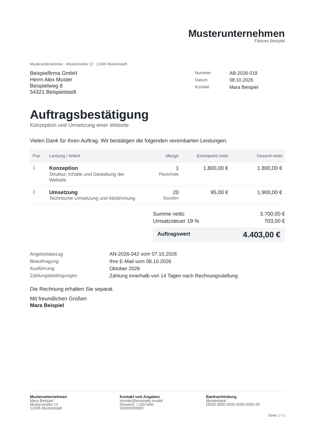 Fiktive Auftragsbestätigung AB-2026-018: Konzeption und Umsetzung einer Website, Angebotsbezug AN-2026-042 und Auftragswert 4.403 Euro brutto.