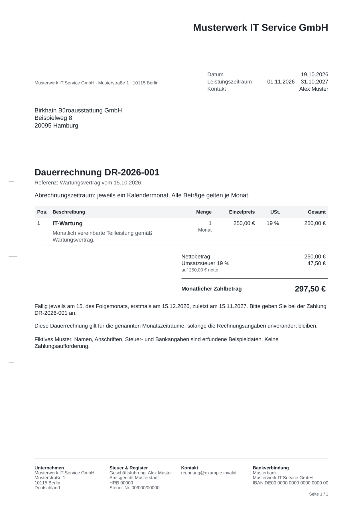 Fiktive Dauerrechnung DR-2026-001 für monatliche IT-Wartung vom 1. November 2026 bis 31. Oktober 2027: 250 Euro netto, 47,50 Euro Umsatzsteuer und 297,50 Euro monatlicher Zahlbetrag.