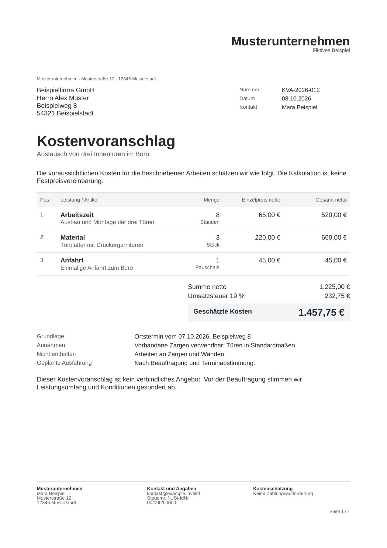 Fiktiver Kostenvoranschlag KVA-2026-012: Austausch von drei Innentüren mit Arbeitszeit, Material, Anfahrt und geschätzten Kosten von 1.457,75 Euro brutto.
