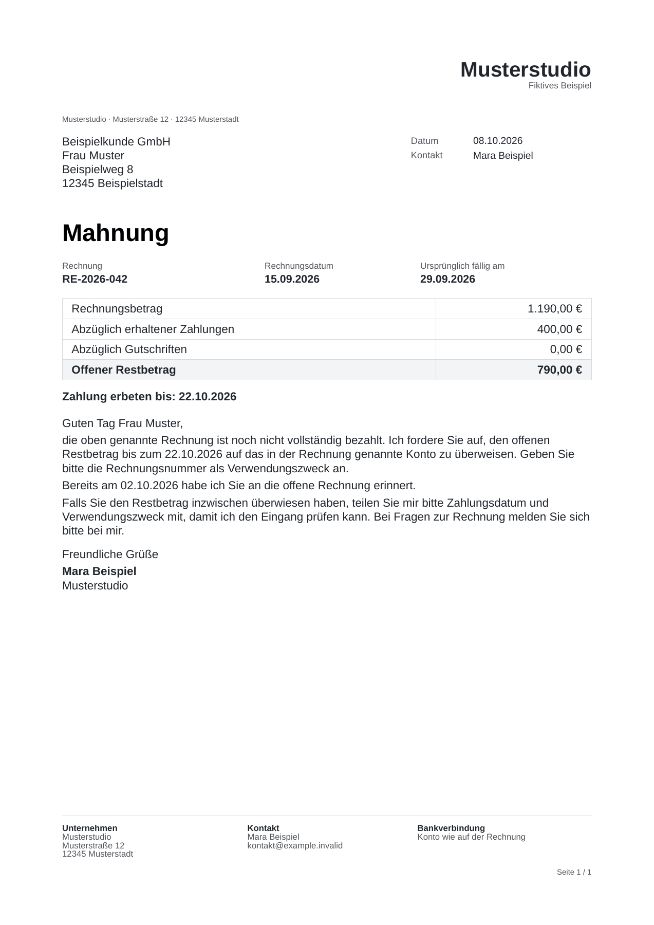 Fiktive Mahnung: Rechnung über 1.190 Euro, 400 Euro erhaltene Zahlung, 790 Euro Restbetrag und Zahlung erbeten bis 22.10.2026.