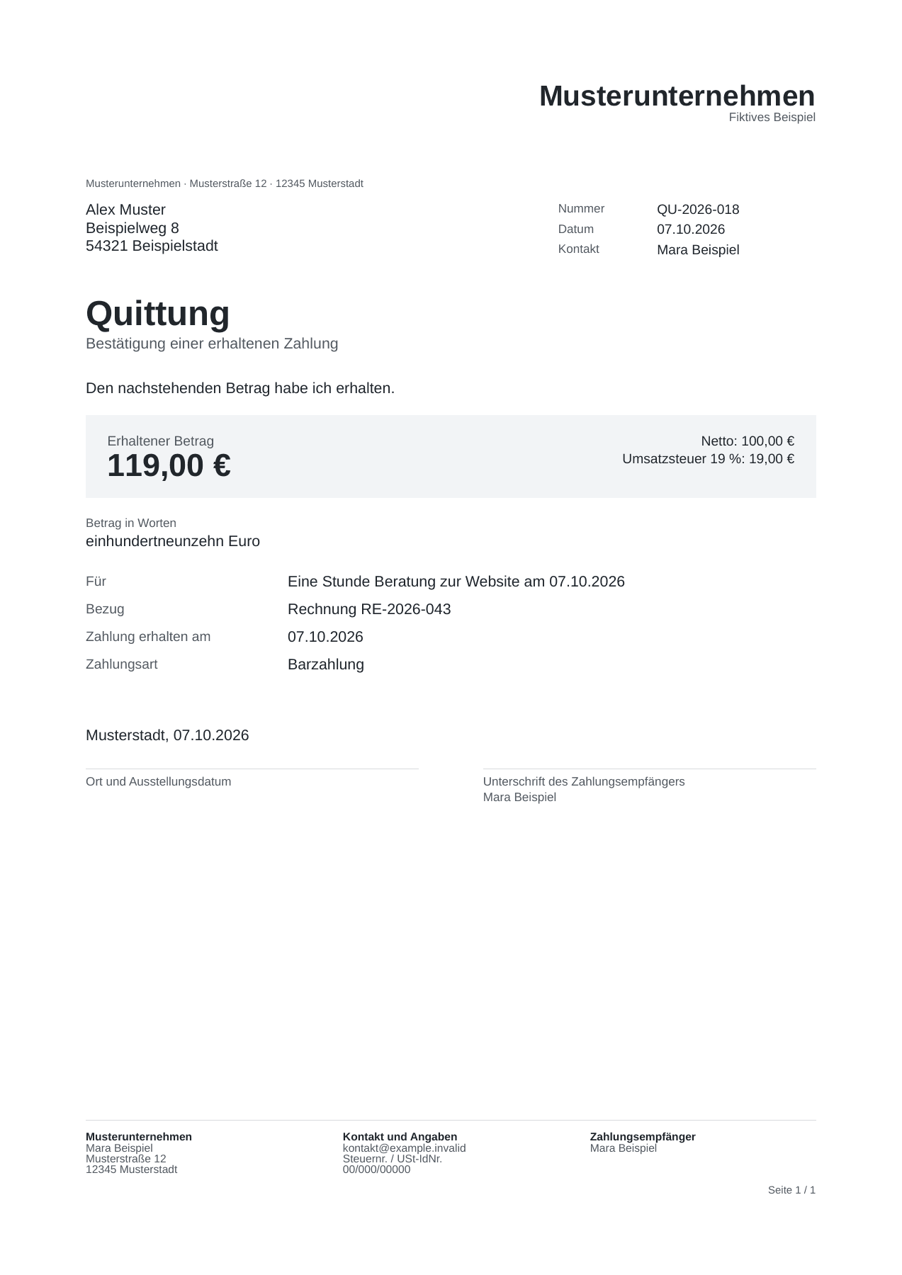 Fiktive Quittung über eine erhaltene Zahlung von 119 Euro: 100 Euro netto und 19 Euro Umsatzsteuer, mit Zahlungsgrund, Beteiligten und Unterschriftsfeld.