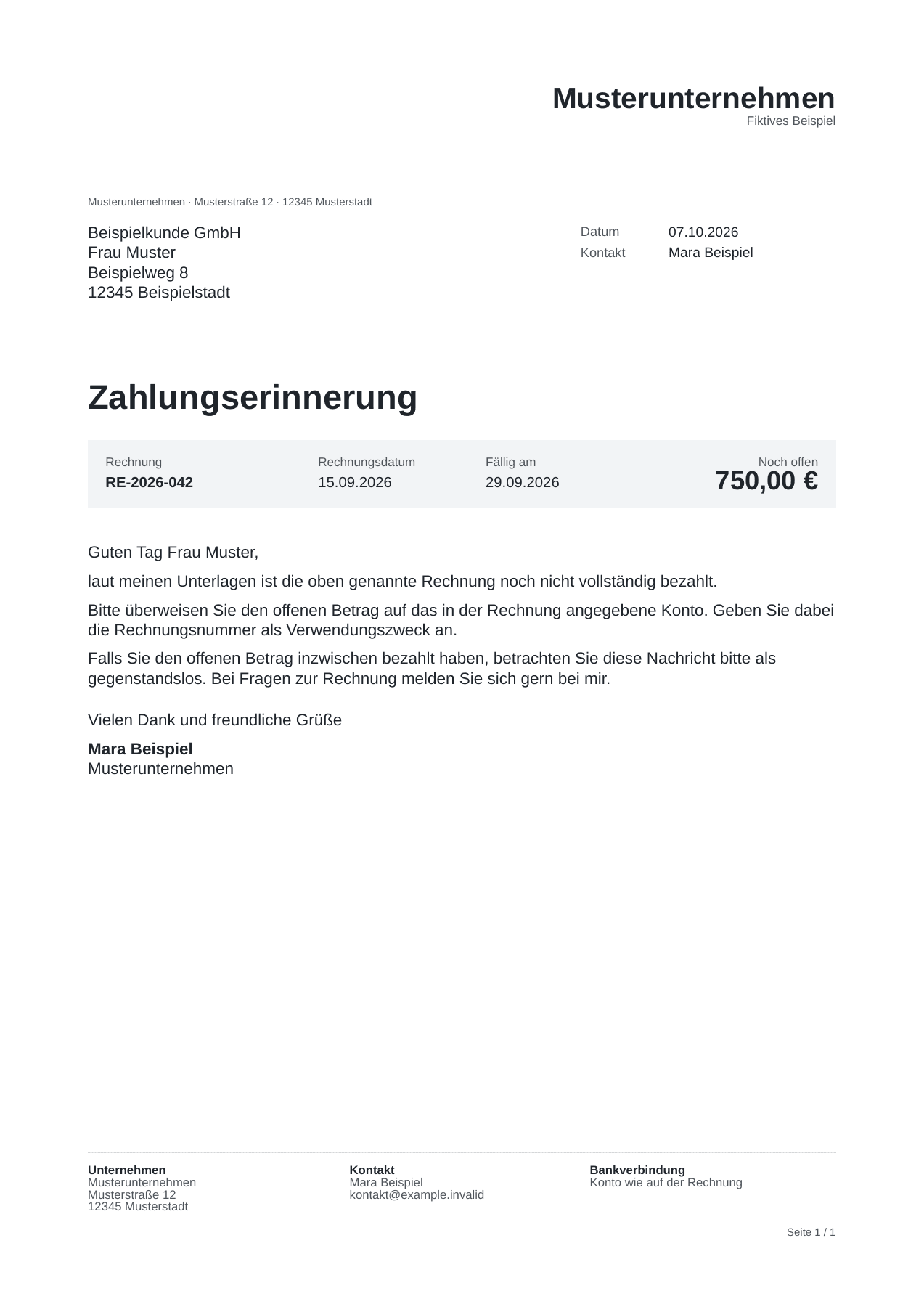 Zahlungserinnerung im Briefbogen: Absender und Empfänger oben, Rechnungsdaten und offener Betrag darunter, anschließend der Erinnerungstext.